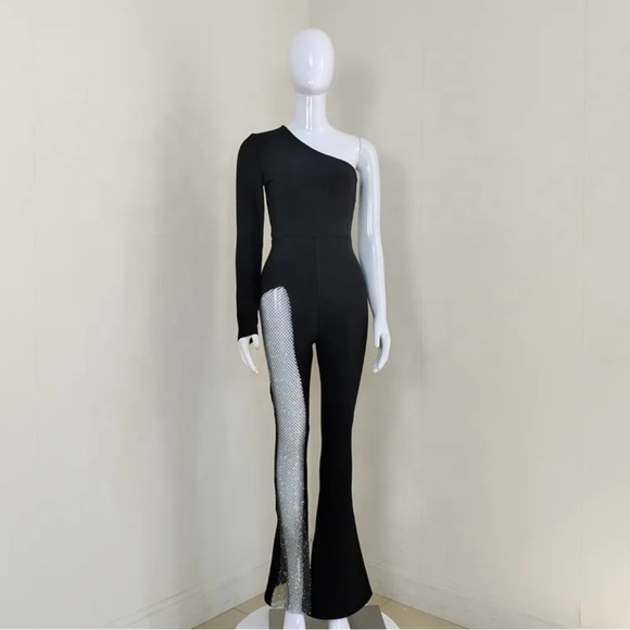One shoulder mesh rhinestone jumpsuit - Picture 4 of 13